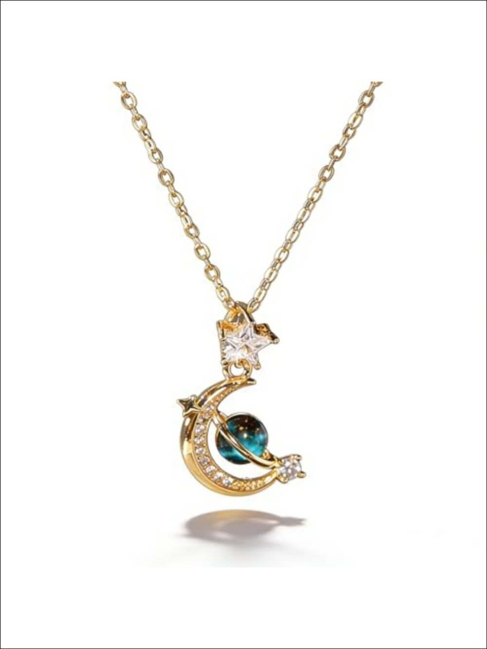 Crescent Moon & Star Pendant Necklace with Blue Crystal